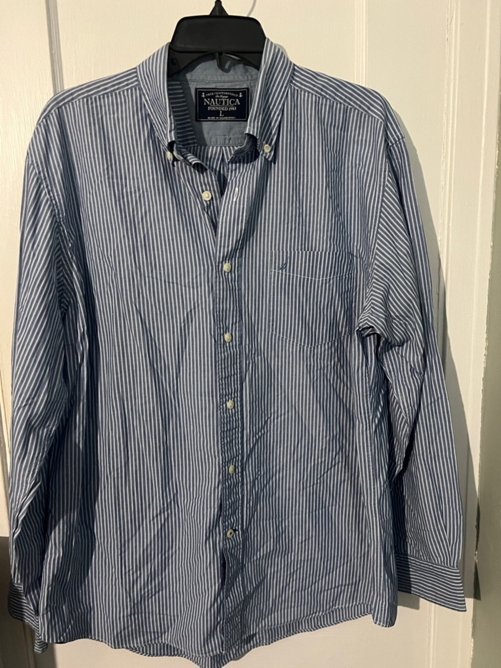 Nautica Men's Blue and White Striped Button-Down Shirt